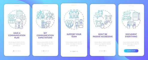 Communication management blue gradient onboarding mobile app screen. Walkthrough 5 steps graphic instructions pages with linear concepts. UI, UX, GUI template. vector