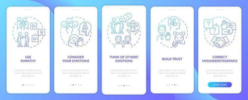 Improving emotional awareness blue gradient onboarding mobile app screen. Walkthrough 5 steps graphic instructions pages with linear concepts. UI, UX, GUI template. vector