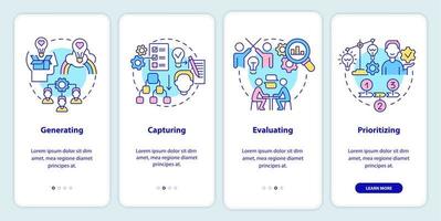 Innovation management steps onboarding mobile app screen. Generating idea walkthrough 4 steps graphic instructions pages with linear concepts. UI, UX, GUI template. vector