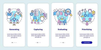 Innovation management steps onboarding mobile app screen. Generating idea walkthrough 4 steps graphic instructions pages with linear concepts. UI, UX, GUI template. vector