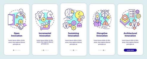 Types of innovation in entrepreneurship onboarding mobile app screen. Walkthrough 5 steps graphic instructions pages with linear concepts. UI, UX, GUI template. vector