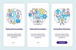 Sourcing innovation onboarding mobile app screen. External and internal walkthrough 3 steps graphic instructions pages with linear concepts. UI, UX, GUI template. vector