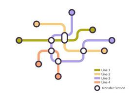 esquema de estaciones de metro y plano de metro con líneas coloridas, mapa de metro ficticio de metro, diseño de rutas de transporte público de pasajeros, vías de tren de metro plano ilustración vectorial plana. vector