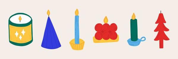 New Year set Christmas candles in hand drawn style. Isolated icons, elements for the design of posters, invitations. vector