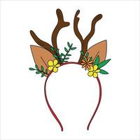 decoración navideña en la cabeza, lindos cuernos de ciervo con flores y ramas. vector
