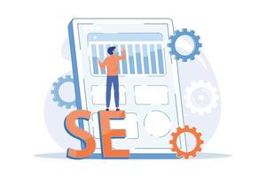 Search engine optimization. Online promotion. Smm manager cartoon character. Mobile settings, tools adjustment. Website analysis. Vector illustration