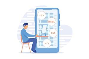 Mobile application development. Programming languages. CSS, HTML, IT, UI. Male programmeer cartoon character developing website, coding. Vector illustration