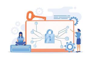 Cryptographic officer and system administrator create algorithm code for key owner of blockchain. Cryptography and encryption algorithm concept. vector illustration