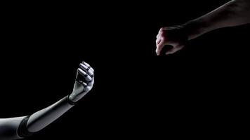 Human hand helping robot AI arm to connect with alpha. A 3D animation of a human hand helping robot arm depicting a connection in business work as a supporting partner. video