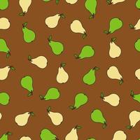Seamless pattern with yellow and green pears on a brown background. Fruit pattern. Doodles vector