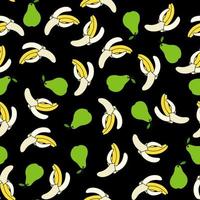 Seamless pattern with pears and bananas on a black background. Fruit pattern vector