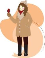 niña sosteniendo hoja de roble rojo en ropa de moda vector plano patrón sin costuras. chica en ropa de otoño telón de fondo decorativo. Chicas elegantes con diseño de papel tapiz de prendas de vestir exteriores de otoño e invierno.