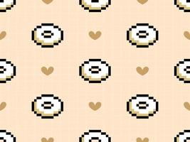 Donut cartoon character seamless pattern on yellow background.  Pixel style vector