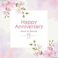 Pink flower anniversary card and invitation card. Watercolor valentine card, thank you card illustration drawing. vector