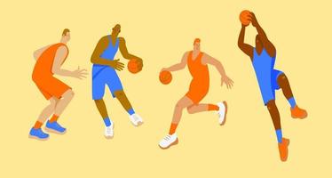 basketball players in orange and blue uniforms in different poses. set vector