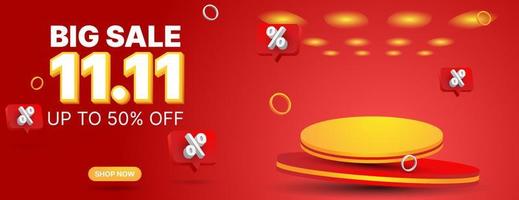 11.11 sale banner design template with 3d podium in red, white and orange color