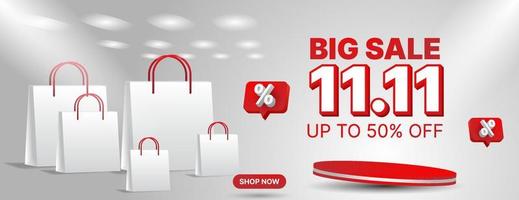 11.11 sale banner design template with 3d podium in red, white and orange color vector