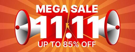 Diseño de banner de mega venta 11.11 con megáfono en color rojo y blanco vector