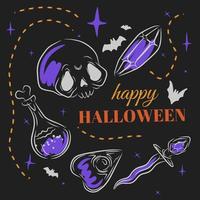 Happy Halloween, magic set, potion bottle, skull, dagger, doodle vector