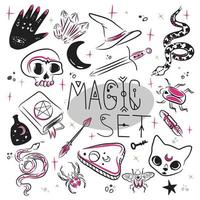 Magic set, handwritten inscription, magical accessories and objects for magic vector