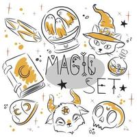 Magic set, handwritten inscription, magical accessories and objects for magic vector