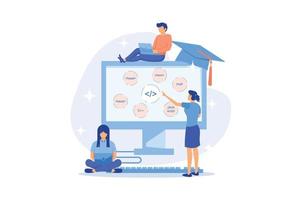 aprendizaje de lenguajes de programación. cursos de codificación de software, clase de desarrollo de sitios web, escritura de guiones. programa personajes de dibujos animados. vector