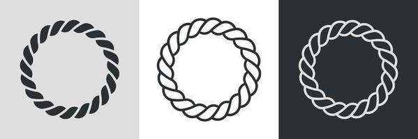 Rope round frames. Set of circle border cord silhouette, line art and inversion. Seamless wreath circle shape. Jewelry design, text frame. Vector illustration