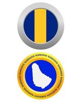Botón como símbolo de la bandera de Barbados y el mapa sobre un fondo blanco. vector