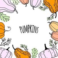 marco de otoño vectorial estacional del festival de acción de gracias y cosecha con calabazas, plantas y hojas. diseño de moda de otoño en estilo doodle. vector