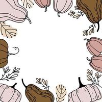 Thanksgiving and Harvest Festival Seasonal Vector Autumn Frame with Pumpkins, Plants, and Leaves. Trendy autumn design in doodle style.