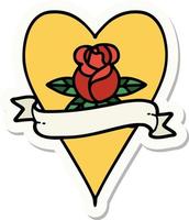 sticker of tattoo in traditional style of a heart rose and banner vector