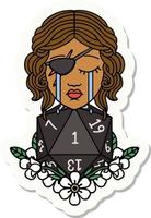 sticker of a crying human rogue with natural one d20 roll vector