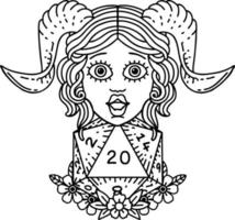 estilo de línea de tatuaje en blanco y negro tiefling con d20 natural tirada de veinte dados vector