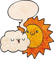 cartoon sun and cloud and speech bubble in retro texture style vector