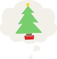árbol de navidad de dibujos animados y burbuja de pensamiento en estilo retro vector