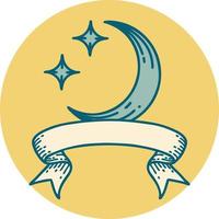 tattoo style icon with banner of a moon and stars vector