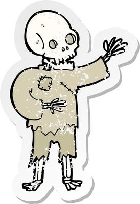 retro distressed sticker of a cartoon skeleton waving