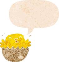 cartoon hatching chick and speech bubble in retro textured style vector