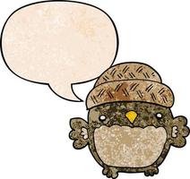 cute cartoon owl in hat and speech bubble in retro texture style vector