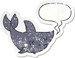 cartoon shark and speech bubble distressed sticker vector