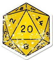 grunge sticker of a natural 20 D20 dice roll vector