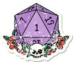 grunge sticker of a natural one dice roll with floral elements vector