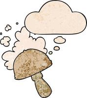 cartoon mushroom with spore cloud and thought bubble in grunge texture pattern style vector