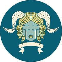 Retro Tattoo Style crying tiefling character face with scroll banner vector