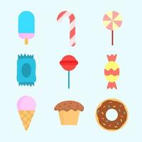 conjunto de postres. comida dulce. helados, donas, muffins, dulces. ilustración vectorial de dibujos animados. vector