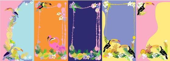 conjunto vectorial de plantillas de historias de redes sociales. fondos tropicales brillantes de verano con frutas, palmeras, flamingo, tucán, helados, playa. vector