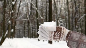 une belle jeune femme méconnaissable souffle la neige de ses paumes. la fille se tient au milieu de la forêt d'hiver et joue avec la neige par une journée ensoleillée. mains de femme dans des mitaines. ralenti. video