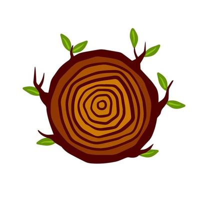 Cut tree trunk. Stump cross section. Concentric circular pattern on brown wood. Logger and Woodworking Industry Icon. Branch with leaves