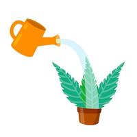 Care for house plant. Yellow watering can with water. Pot with flower and green leaves. Growth and development. Gardening and Hobbies. Flat cartoon isolated on white vector