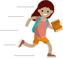 chica corre con libro. estudiante va a la escuela. niño con mochila llega tarde a la escuela. chico con ropa de verano. ilustración plana de dibujos animados. niño feliz vector